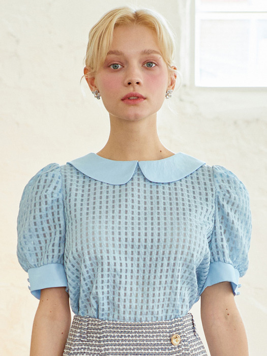 AMR1057 checked see through blouse (blue)