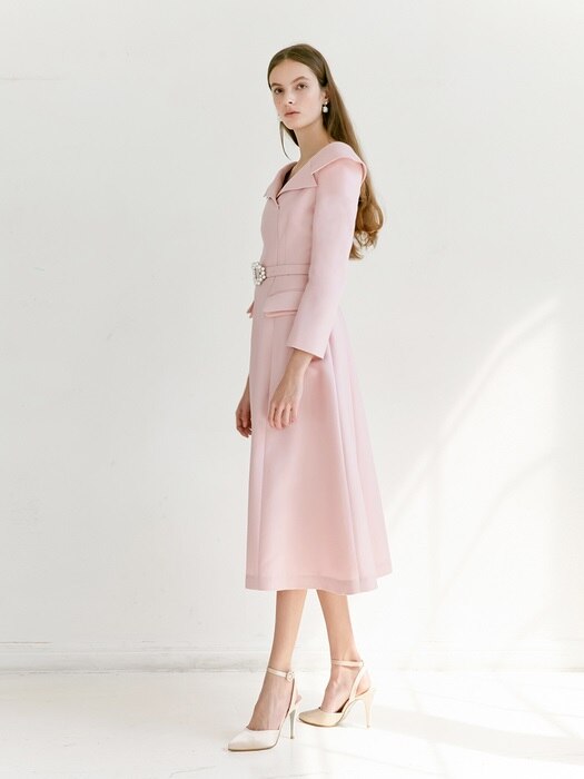 [미전시]BELITA Wide v-neck notched collar detail dress with pearl belt (Lilac Pink)