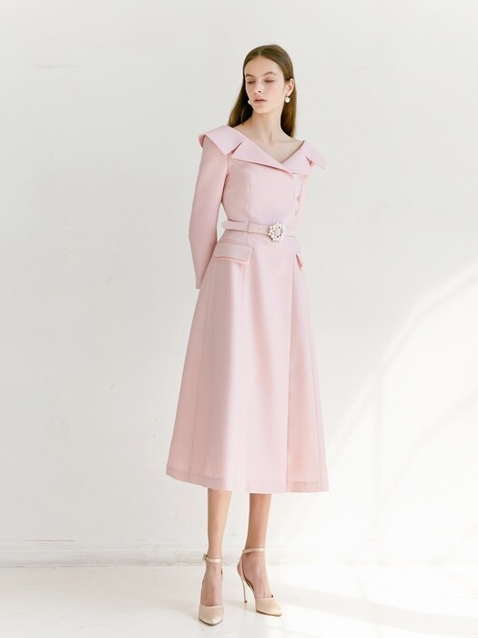 [미전시]BELITA Wide v-neck notched collar detail dress with pearl belt (Lilac Pink)