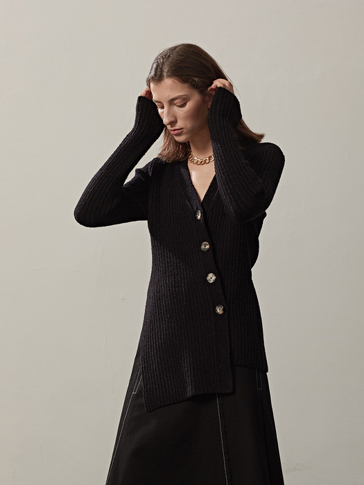 RIBBED-KNIT BUTTONED V-NECK CARDIGAN(BLACK)