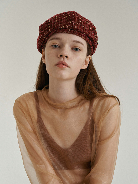 DOME BERET_tweed red&gold