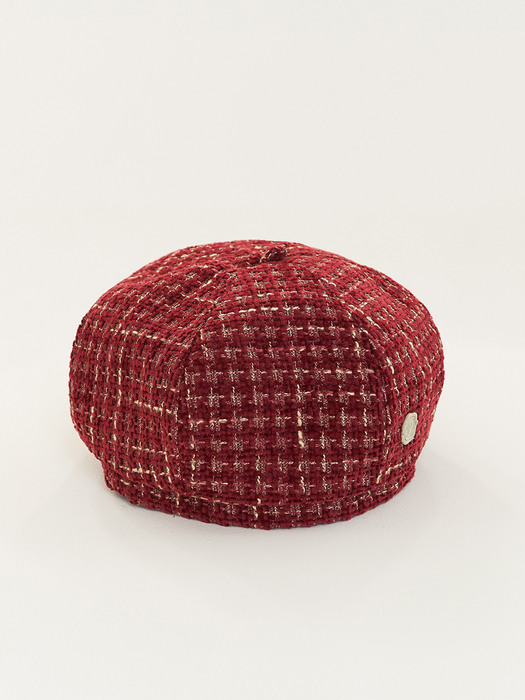 DOME BERET_tweed red&gold