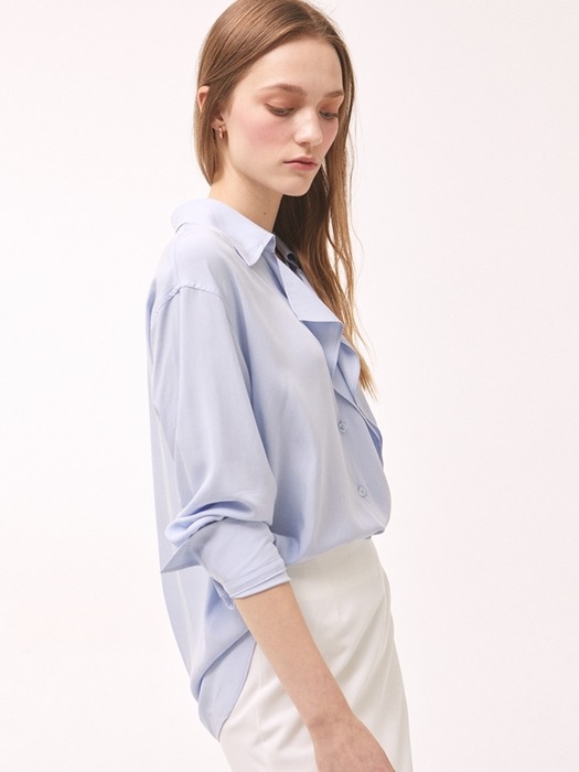 Tencel Ruffle Placket Shirt - Blue