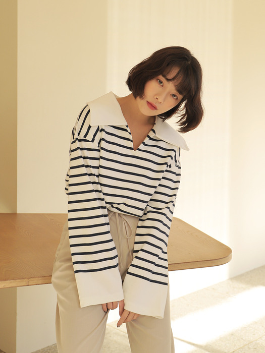 STRIPE BIG COLLAR TEE/NAVY