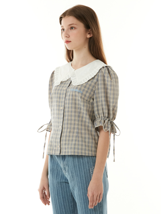 (BL-21114) CHECK SAILOR PUFF-SLEEVE BLOUSE MULTI