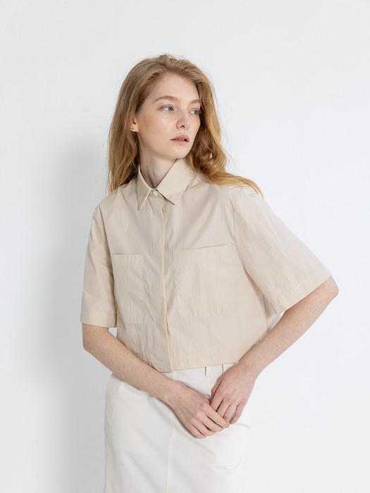 Front Pocket Short Sleeve Cropped Shirt_3color