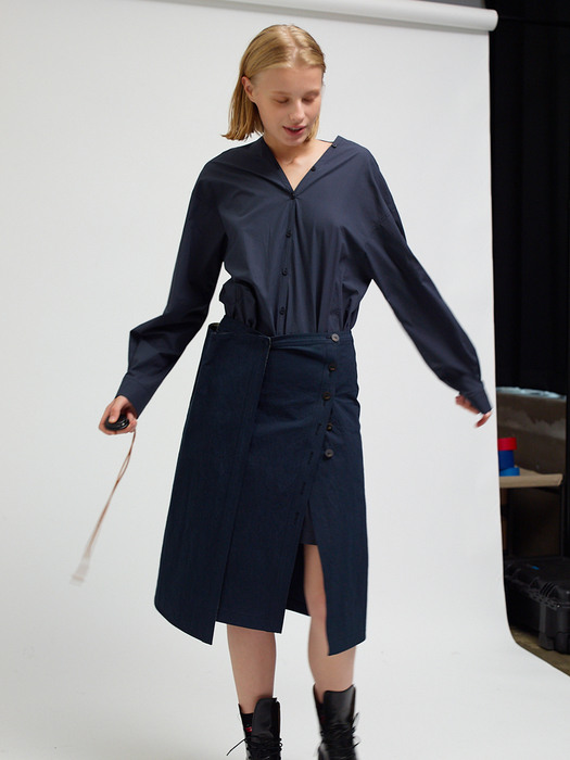 v-neck cotton dress & detachable skirt - navy