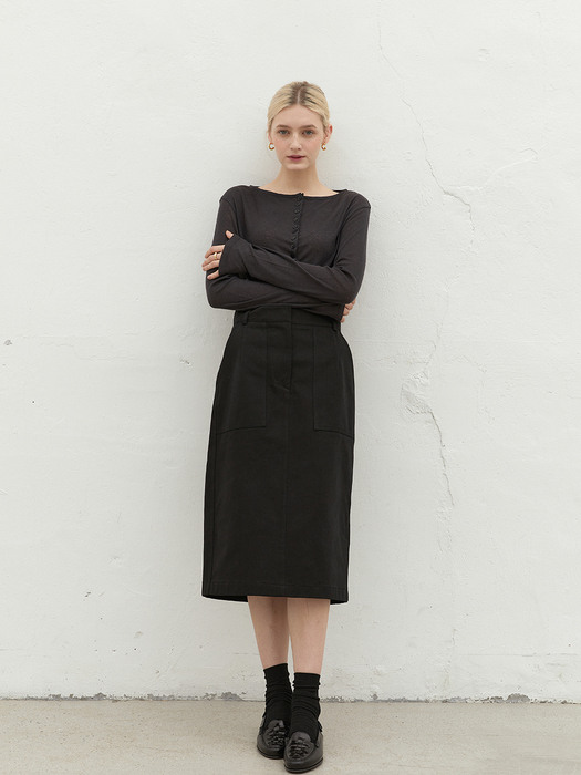 JESS_Cotton Twill Straight Midi Skirt_Black