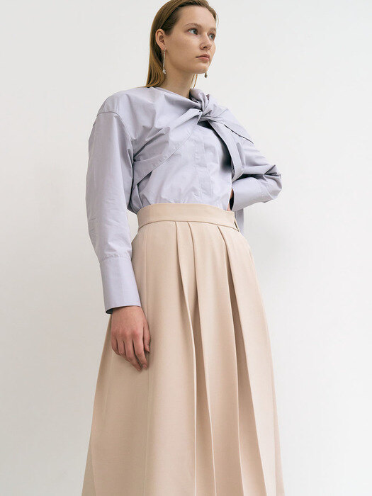 6A Asymmetric-tucked belt flare skirt (Light Beige)