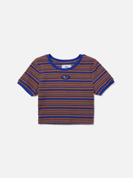MICHOVA_Doggy Embroidery Stripe Crop T-Shirt_blue