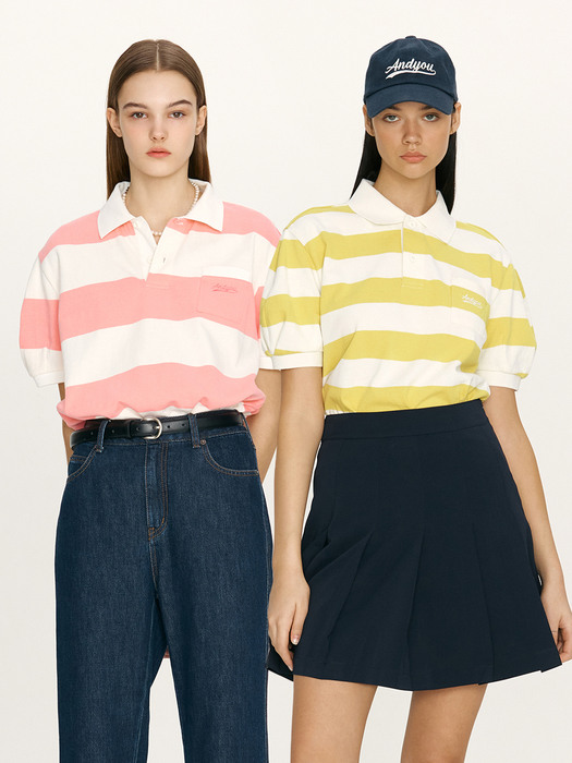 [N]HANAUMA Collar stripe T-shirt (Lime/Pink)