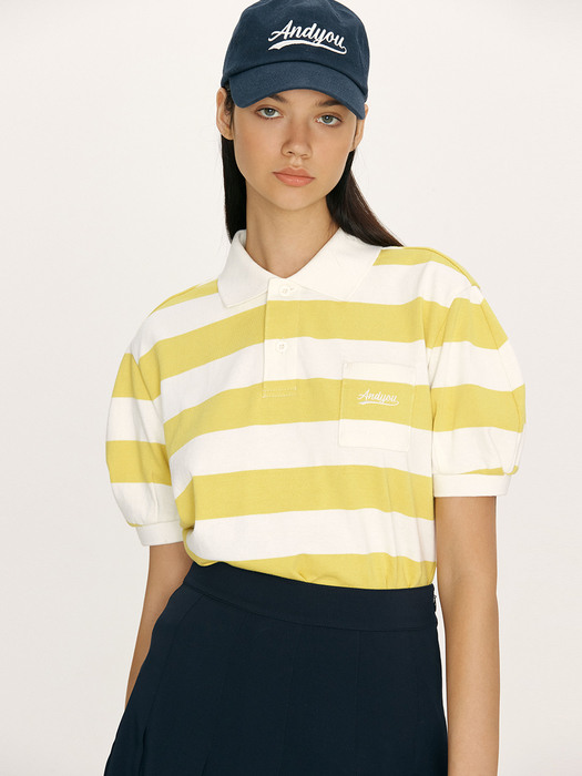 [N]HANAUMA Collar stripe T-shirt (Lime/Pink)