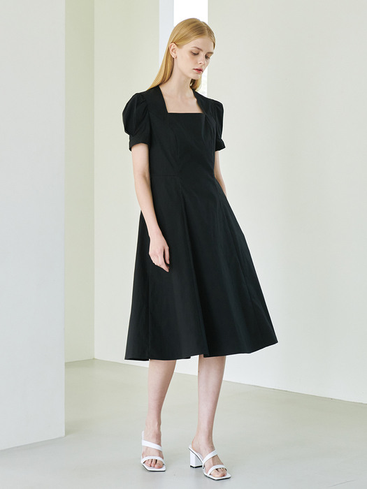 Square Neck Shirring Dress - Black