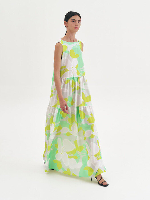 TIERED DRAPING FLORAL MAXI DRESS_PRINTED MINT