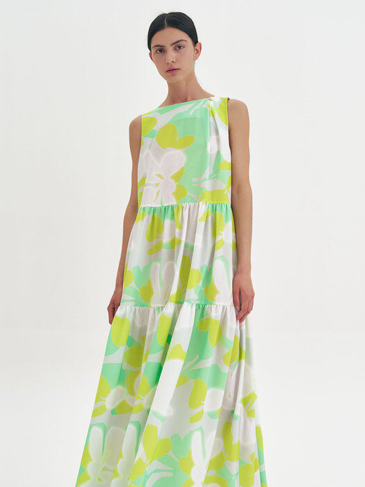 TIERED DRAPING FLORAL MAXI DRESS_PRINTED MINT