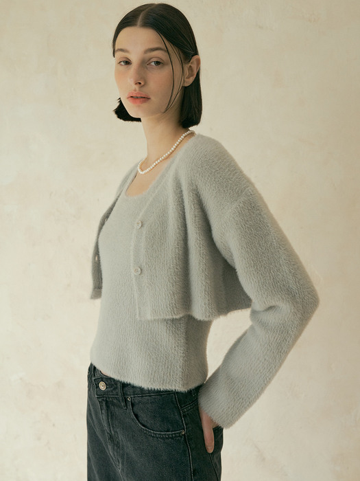 V. [set] cozy crop knit cardigan + sleeveless (light gray)