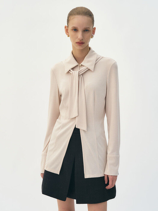 Scarf tie-neck jersey blouse top (Ivory)