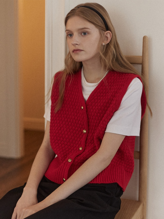 Tweed Goldish Knit Vest - Red