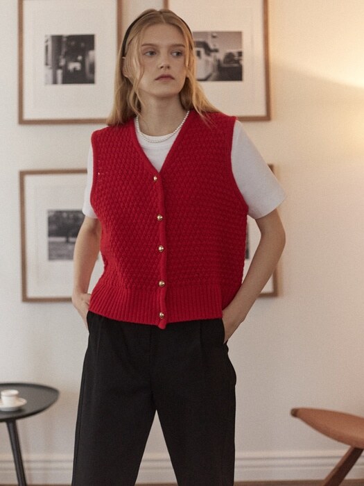 Tweed Goldish Knit Vest - Red