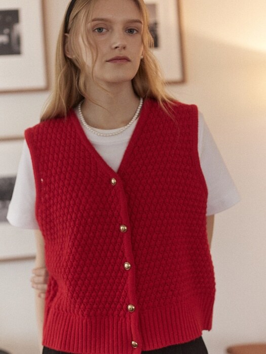 Tweed Goldish Knit Vest - Red