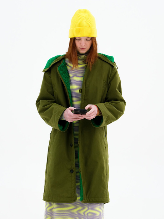 Army teddy coat with detachable hood in olive/green