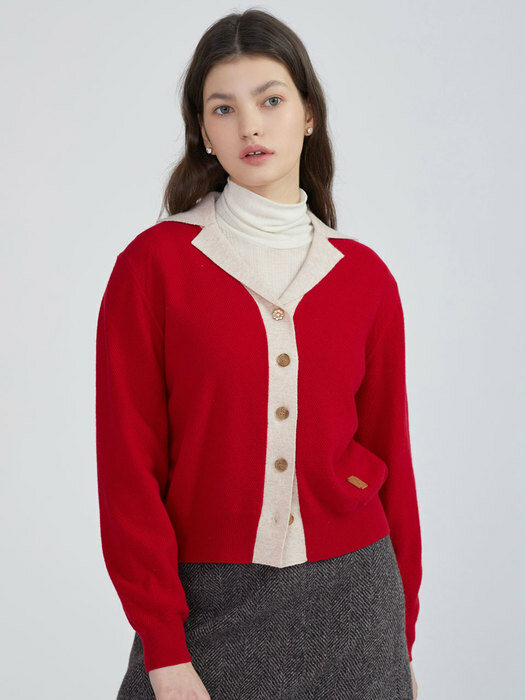 SUPERFINE MERINOWOOL COLLAR COMBI CARDIGAN RED (AESW3G001R2)