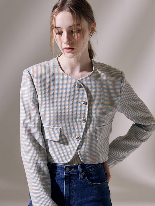 PEACH-SHAPED NECK CROP JACKET (BLUE)