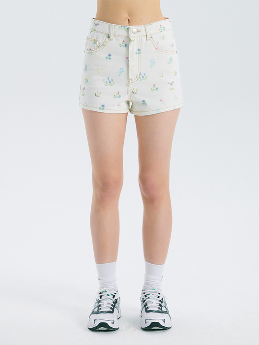 FLOWER PRINT DENIM SHORT PANTS_WHITE