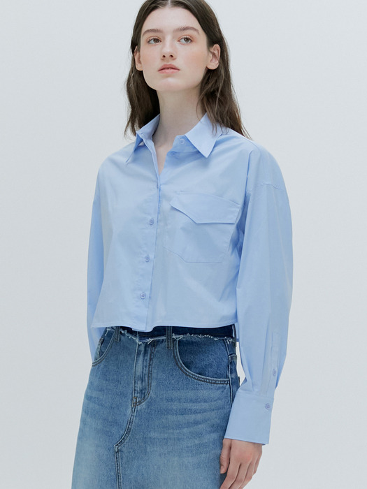 OVERSIZE POCKET DETAIL CROPPED SHIRT [4COLORS]