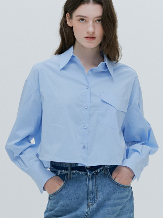 OVERSIZE POCKET DETAIL CROPPED SHIRT [4COLORS]