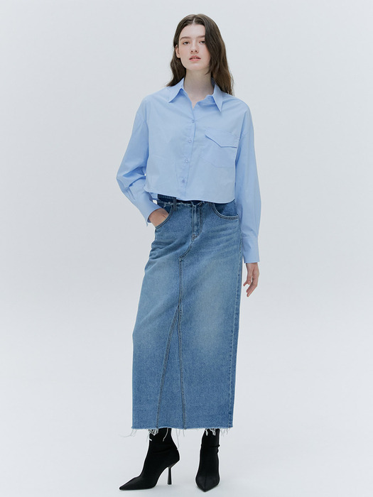 OVERSIZE POCKET DETAIL CROPPED SHIRT [4COLORS]