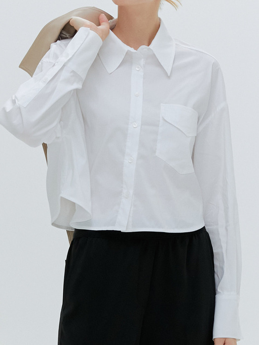 OVERSIZE POCKET DETAIL CROPPED SHIRT [4COLORS]