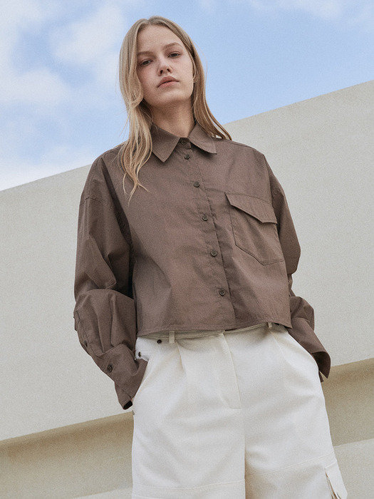 OVERSIZE POCKET DETAIL CROPPED SHIRT [4COLORS]