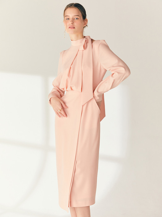 RAINA Tie neck H-line dress (Coral pink)