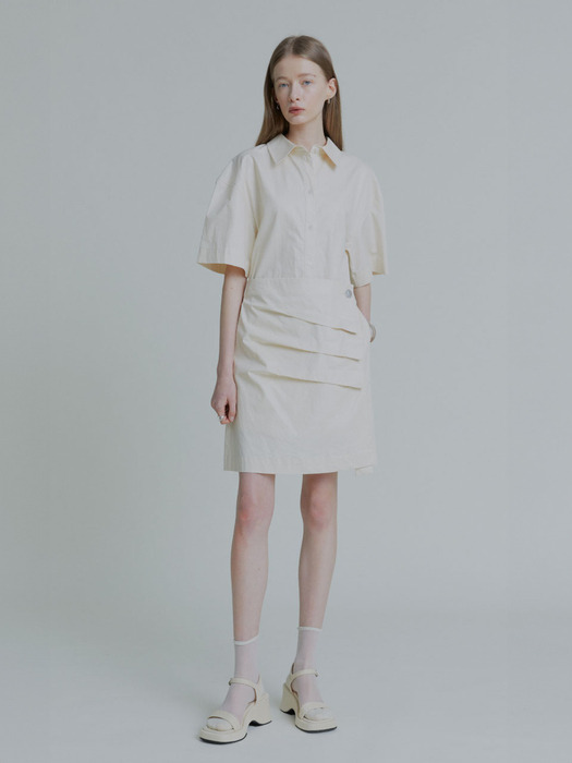 KRISTINE Coated Cotton Draped Shirt Dress_Ivory