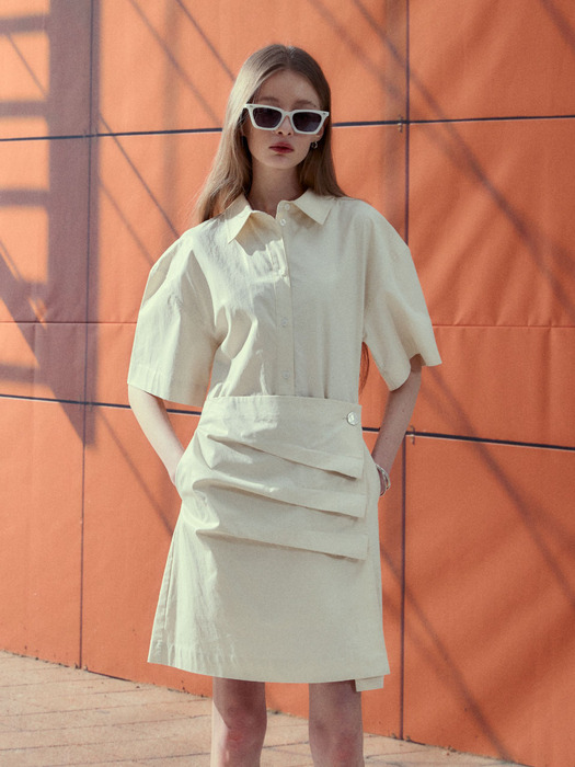 KRISTINE Coated Cotton Draped Shirt Dress_Ivory