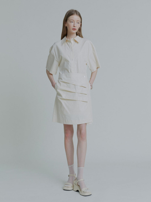 KRISTINE Coated Cotton Draped Shirt Dress_Ivory