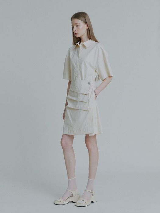 KRISTINE Coated Cotton Draped Shirt Dress_Ivory