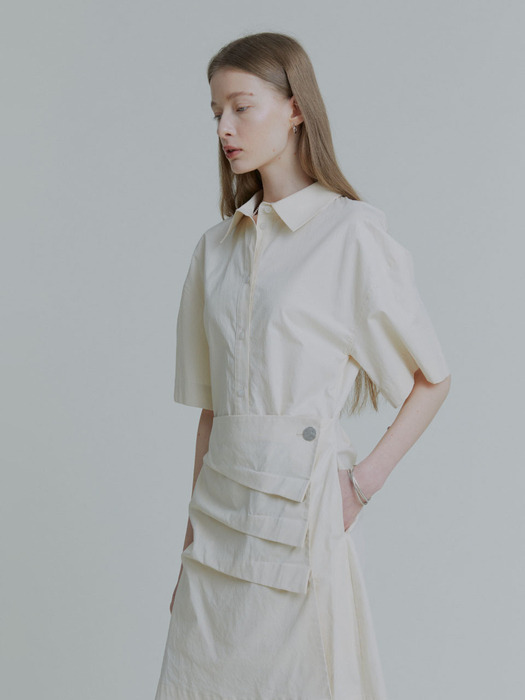 KRISTINE Coated Cotton Draped Shirt Dress_Ivory