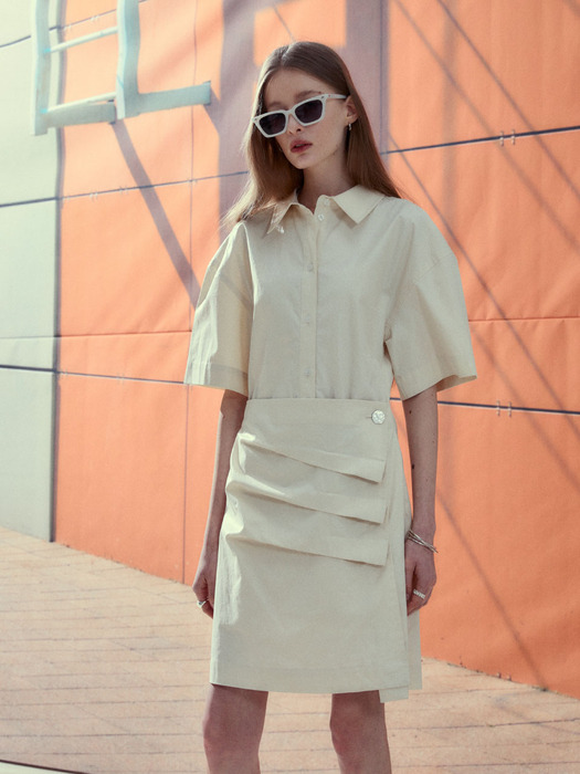 KRISTINE Coated Cotton Draped Shirt Dress_Ivory