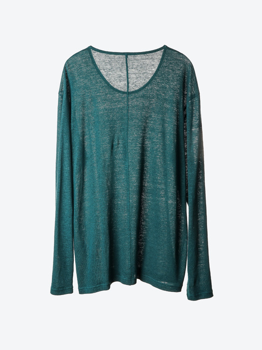 U-Neck Linen-Jersey Long-Sleeved T-Shirt[Green(UNISEX)]_UTT-ST55