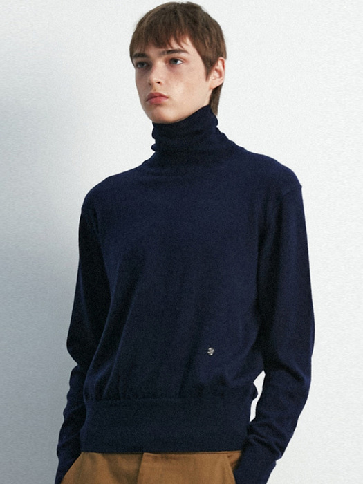 UNISEX, Finger Hole Turtle Neck Knit / Navy