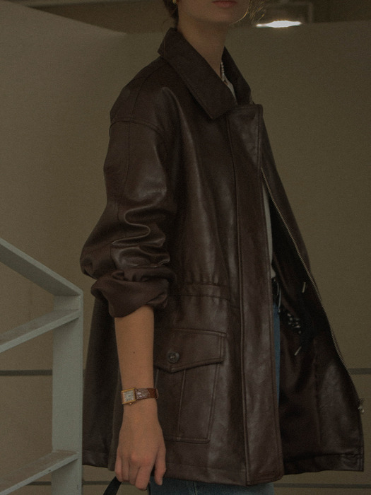 String belt natural leather jacket(Brown)