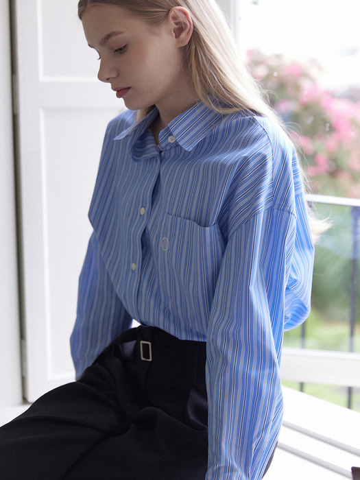 Logo Embroidery Stripe Shirt - Blue