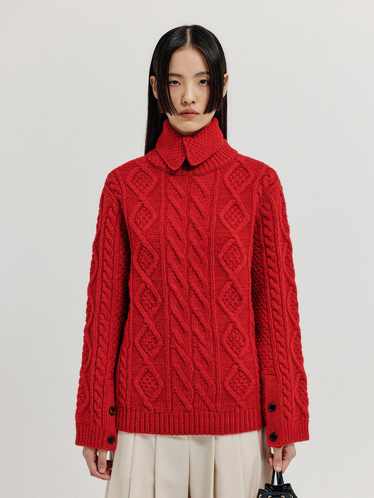 XOEBE Cable Knit Collared Turtleneck - Red