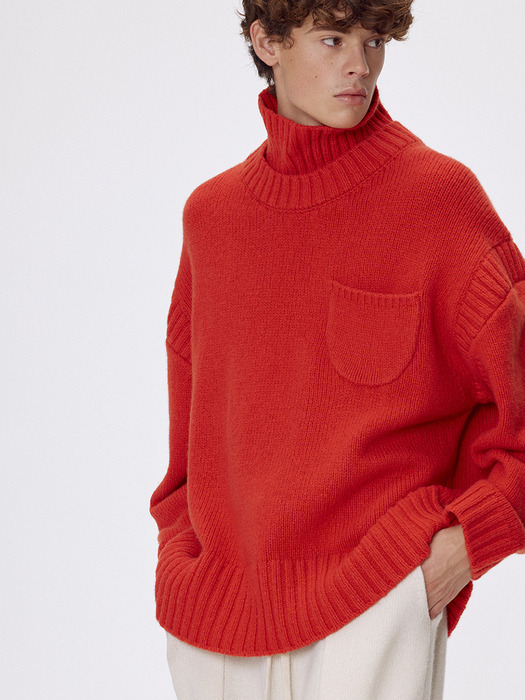 Bulky wool layered turtle neck pullover_Tomato