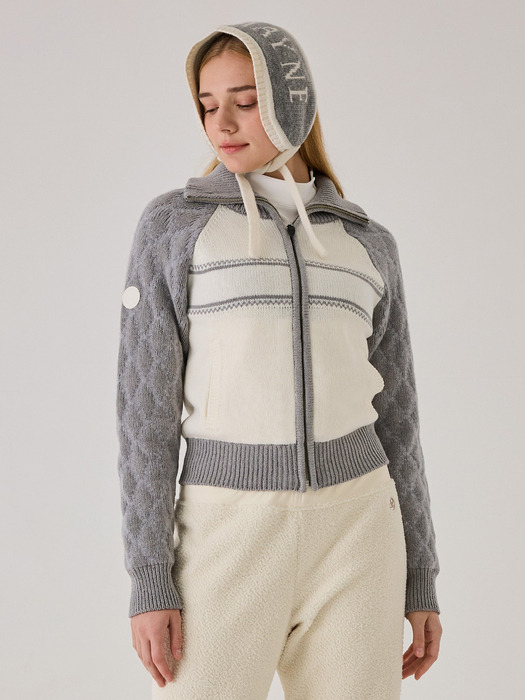 QUILTED KNIT ZIP UP CARDIGAN - MELANGE GRAY