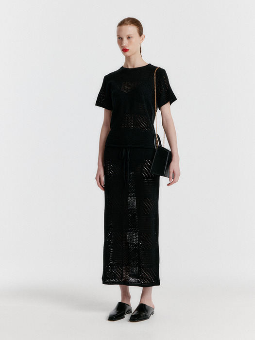 YIZNY Panelled Lace Knit Long Skirt - Black