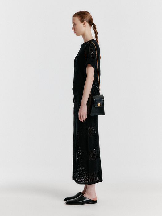 YIZNY Panelled Lace Knit Long Skirt - Black