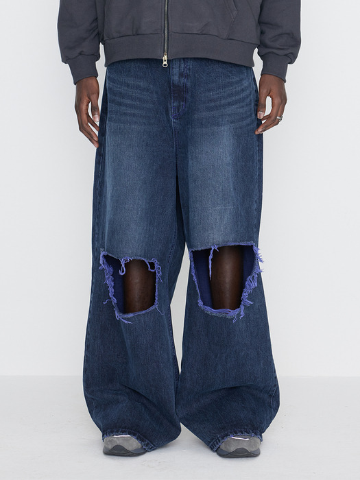 Destroyed Knee Wide Denim Pants Blue & Purple